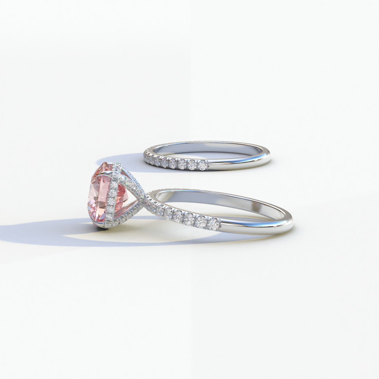 2 Carat Pink Cushion Cut Hidden Halo & Pave Diamond Ring Set - Rebecca