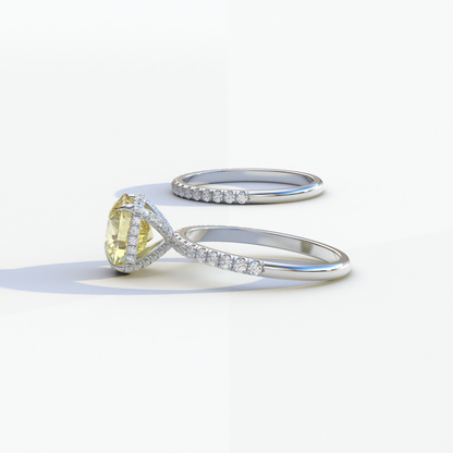 2 Carat Yellow Cushion Cut Hidden Halo & Pave Diamond Ring Set - Rebecca