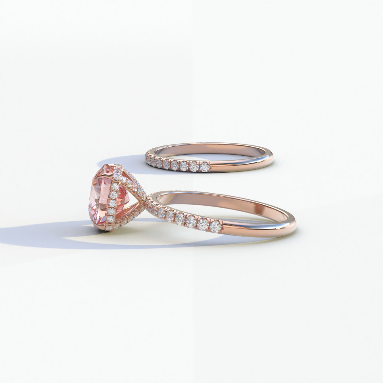 2 Carat Pink Cushion Cut Hidden Halo & Pave Diamond Ring Set - Rebecca