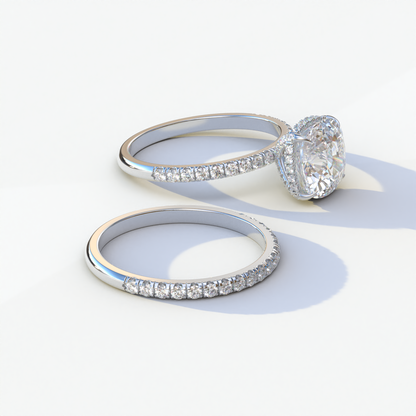 2 Carat E VVS Cushion Cut Hidden Halo & Pave Diamond Ring Set - Rebecca