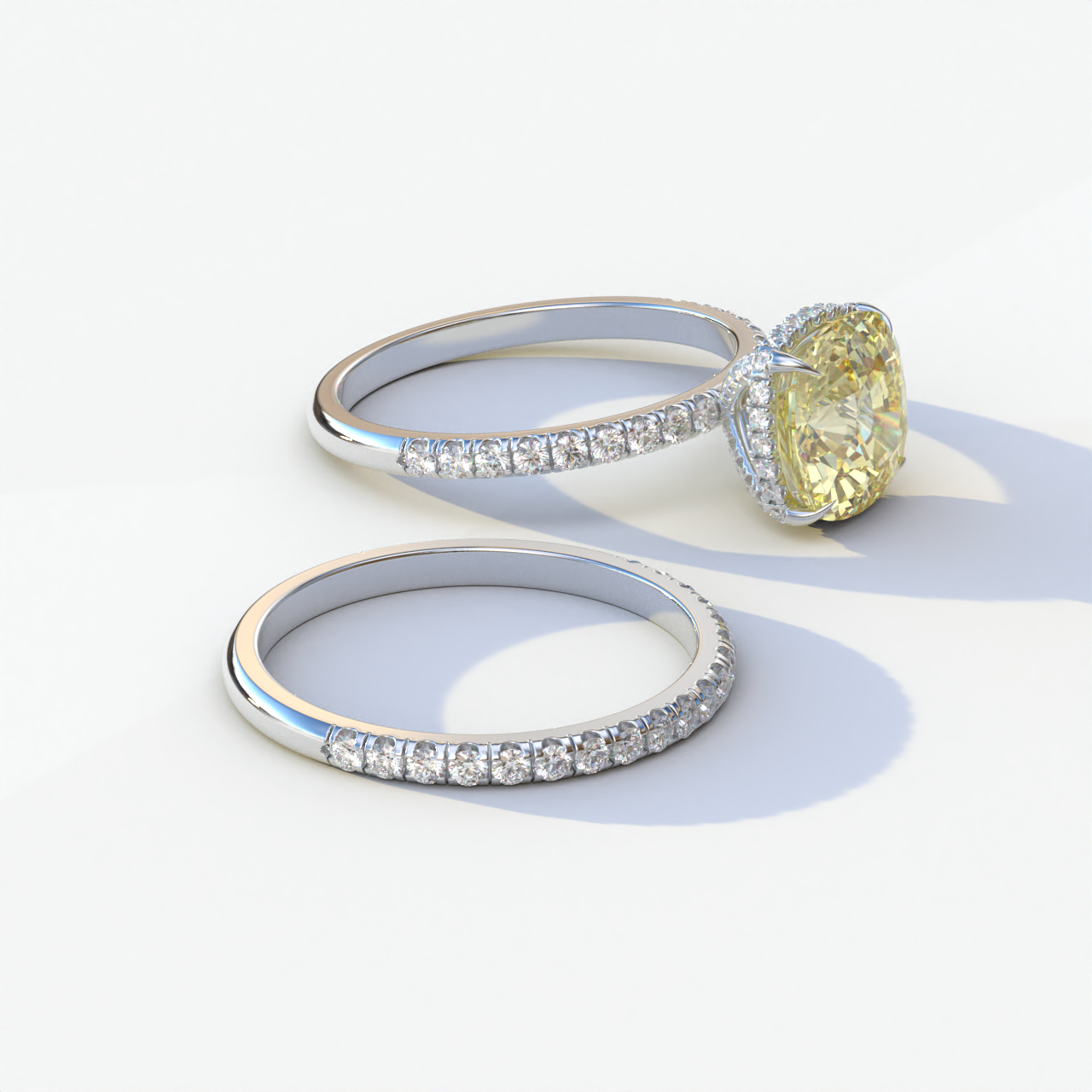 2 Carat Yellow Cushion Cut Hidden Halo & Pave Diamond Ring Set - Rebecca