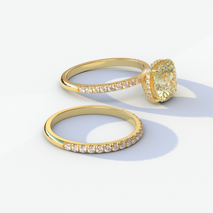 2 Carat Yellow Cushion Cut Hidden Halo & Pave Diamond Ring Set - Rebecca