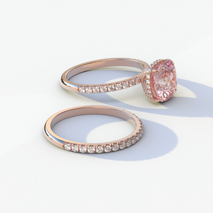 2 Carat Pink Cushion Cut Hidden Halo & Pave Diamond Ring Set - Rebecca