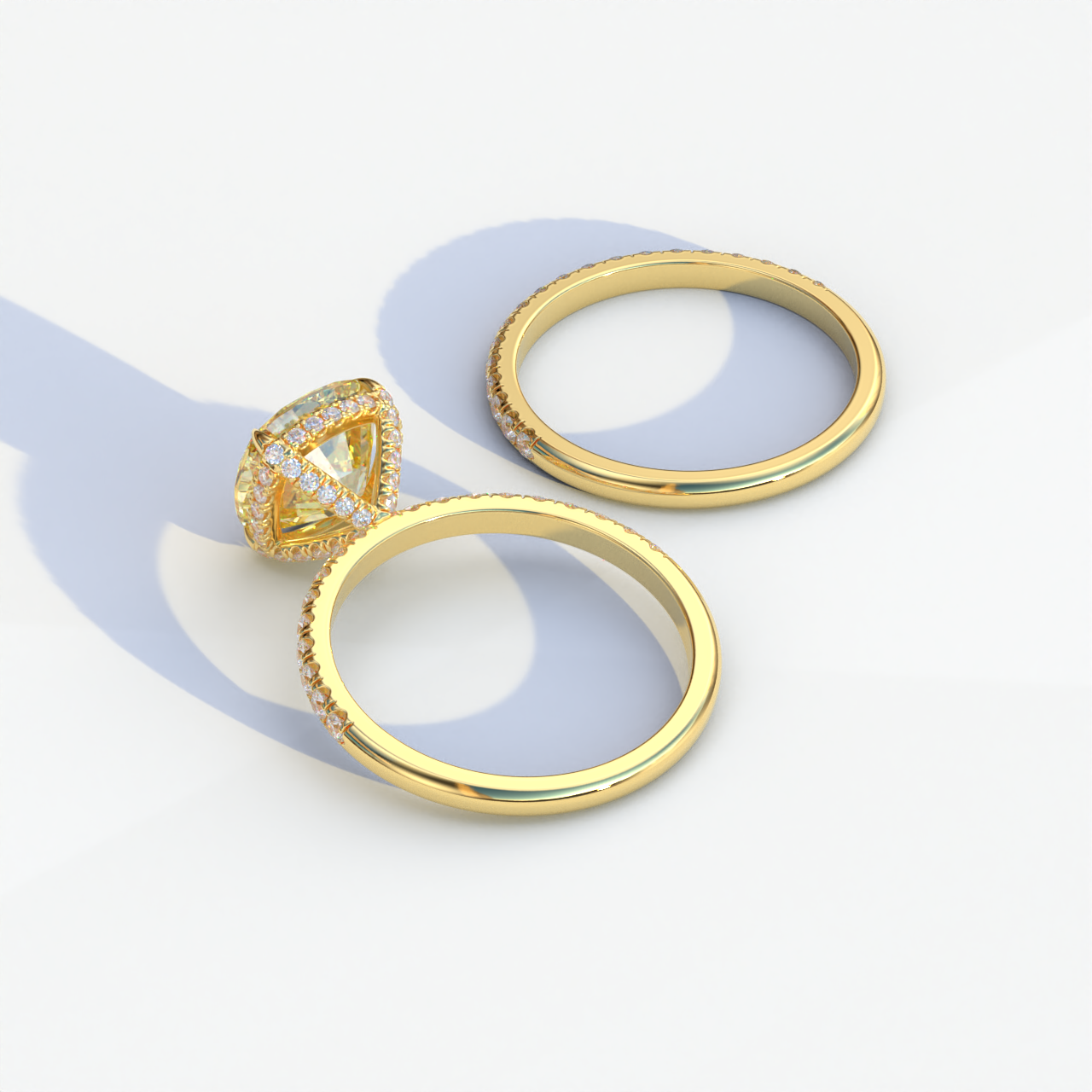 2 Carat Yellow Cushion Cut Hidden Halo & Pave Diamond Ring Set - Rebecca