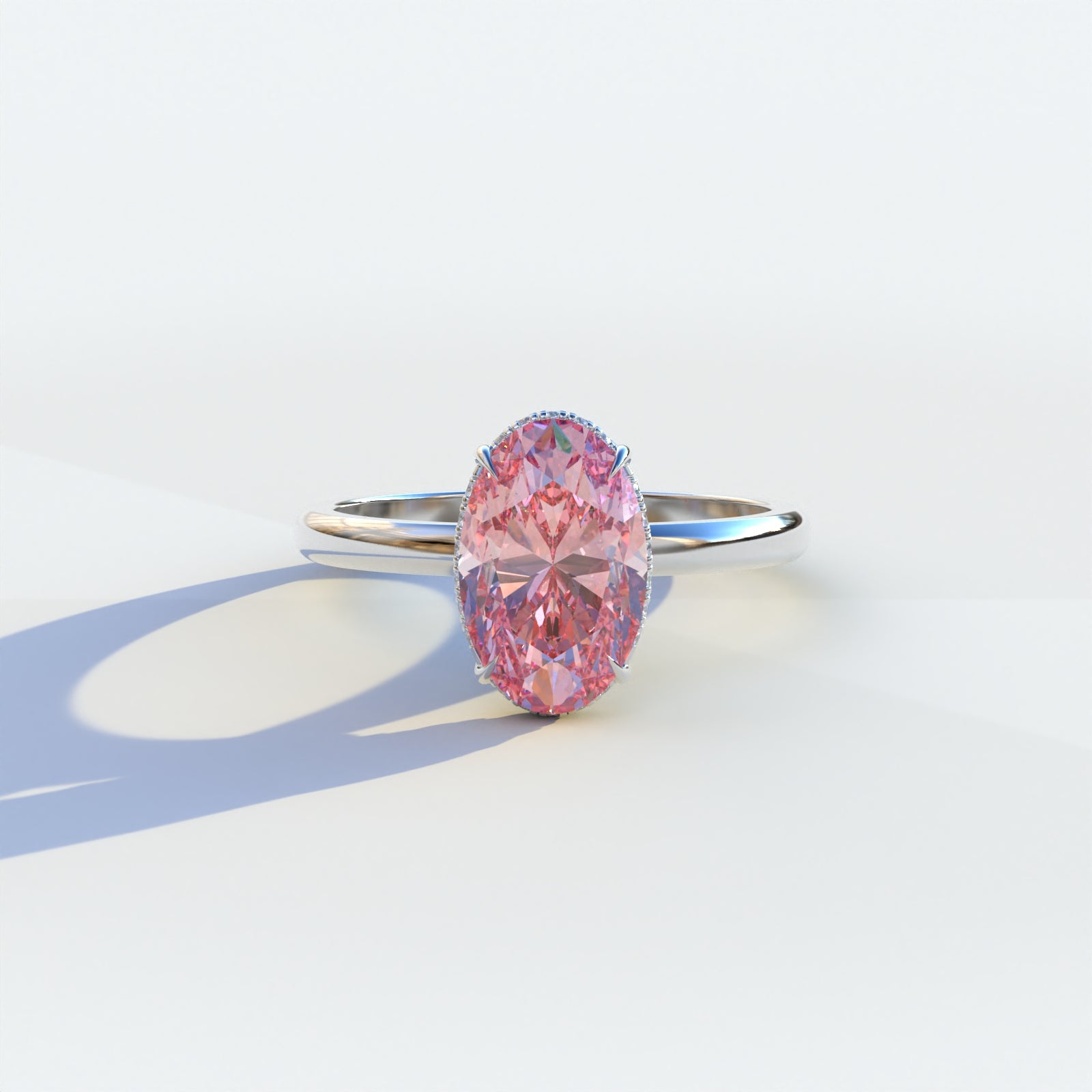 2.5 carat pink oval cut hidden halo lab diamond ring, Mi Amor Collection, sustainable elegant jewelry, engagement ring, high-quality diamond ring, lab-grown diamond ring