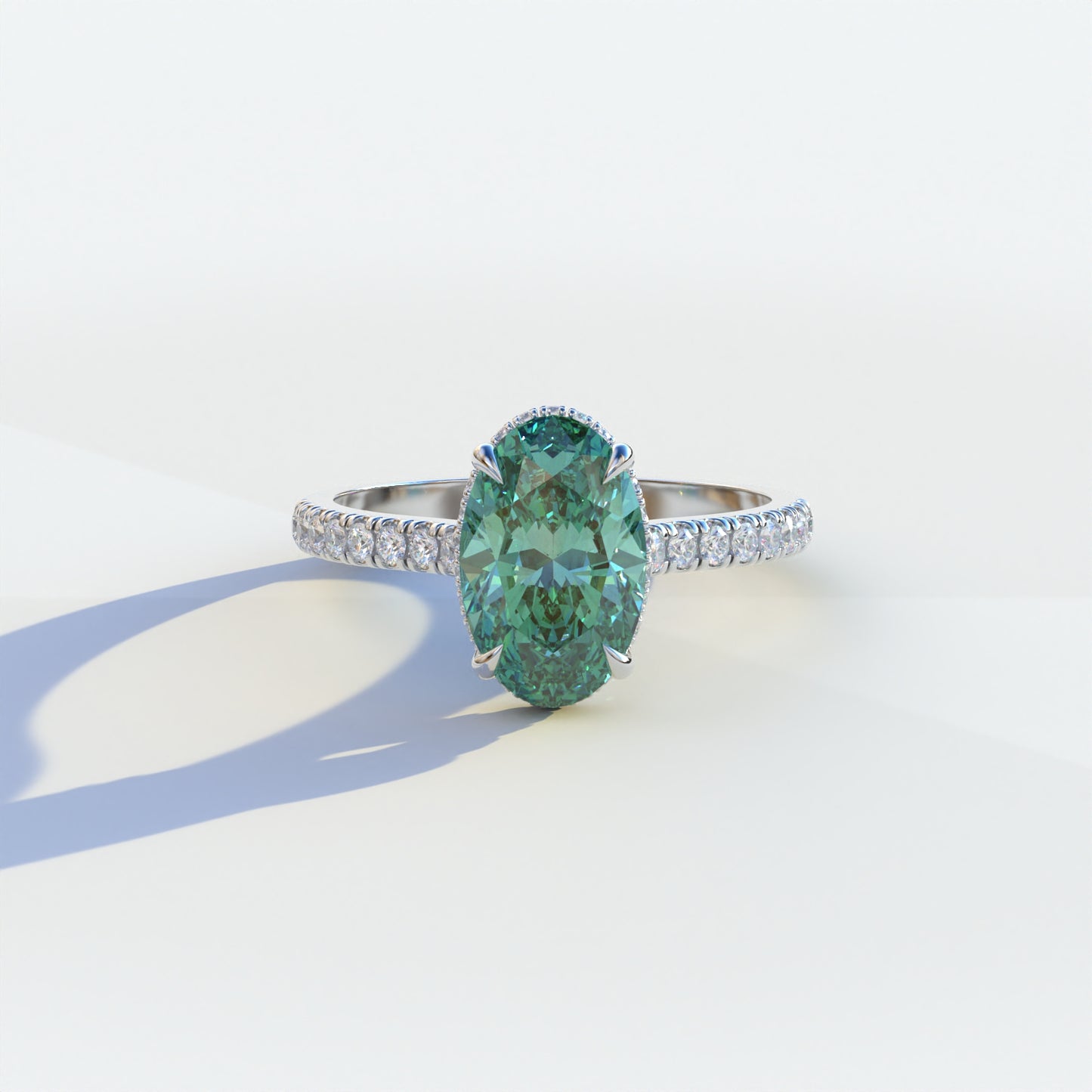 2 Carat Green Oval Cut Hidden Halo & Pave Setting Lab Diamond Ring - Eblouissant