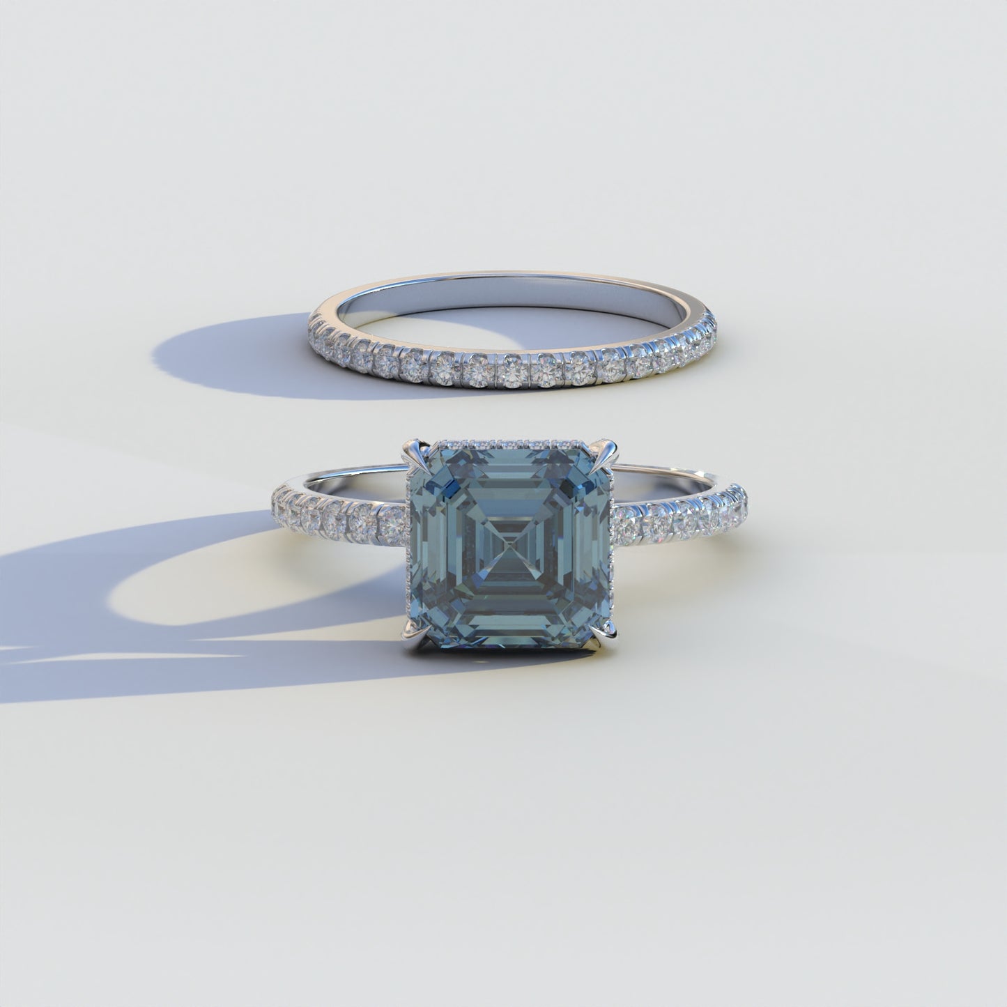 3 Carat Blue Asscher Cut Hidden Halo & Pave Lab Grown Diamond Ring Set	