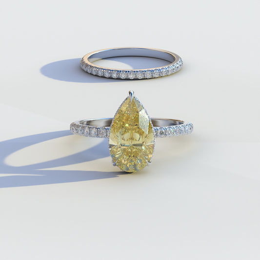 3 Carat Yellow Pear-Shaped Hidden Halo & Pave Diamond Ring Set	