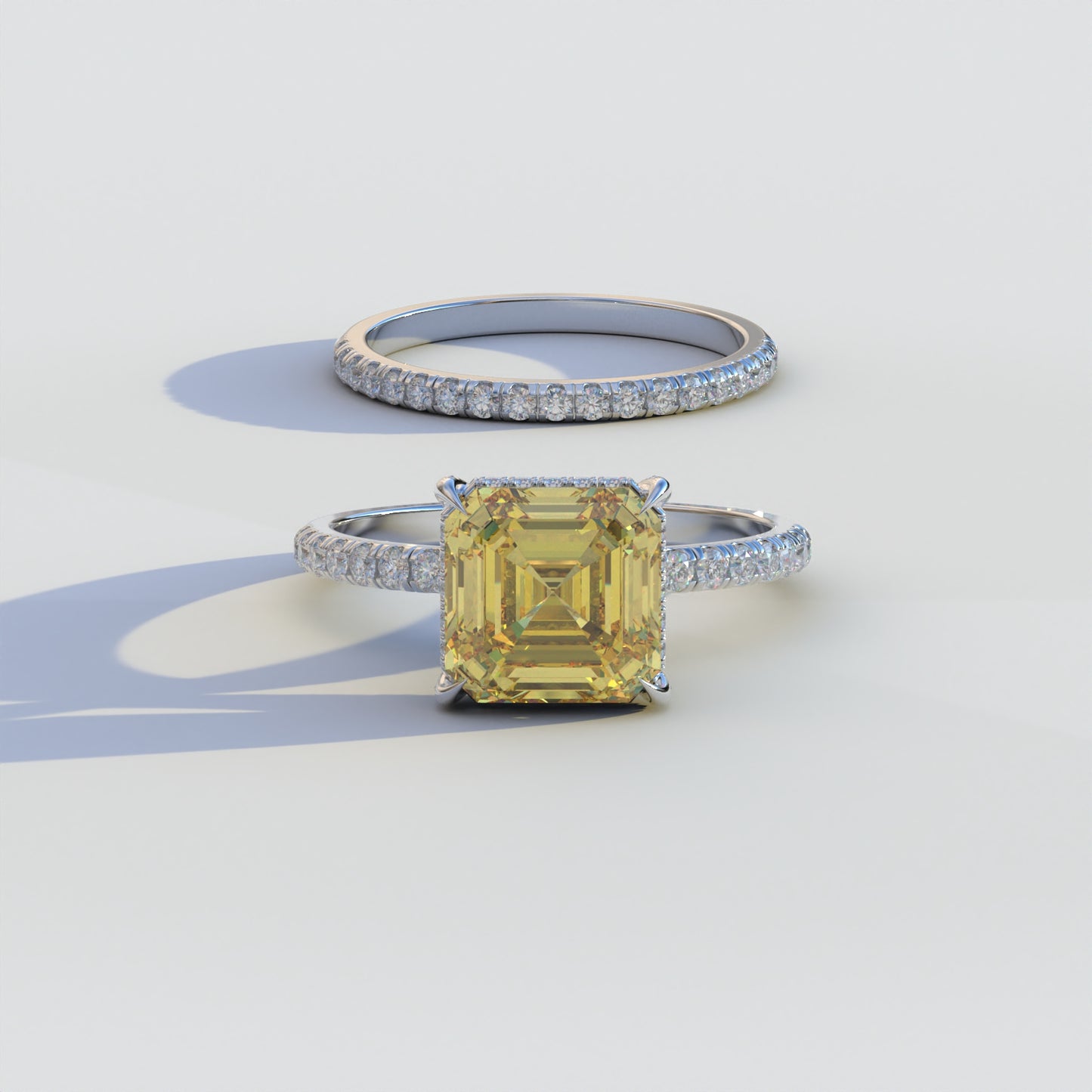 3 Carat Yellow Asscher Cut Hidden Halo & Pave Lab Grown Diamond Ring Set	