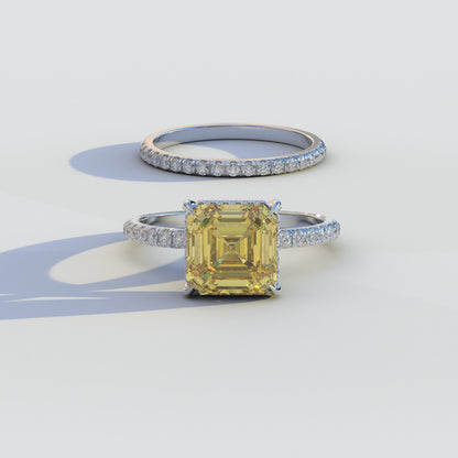 3 Carat Yellow Asscher Cut Hidden Halo & Pave Lab Grown Diamond Ring Set	