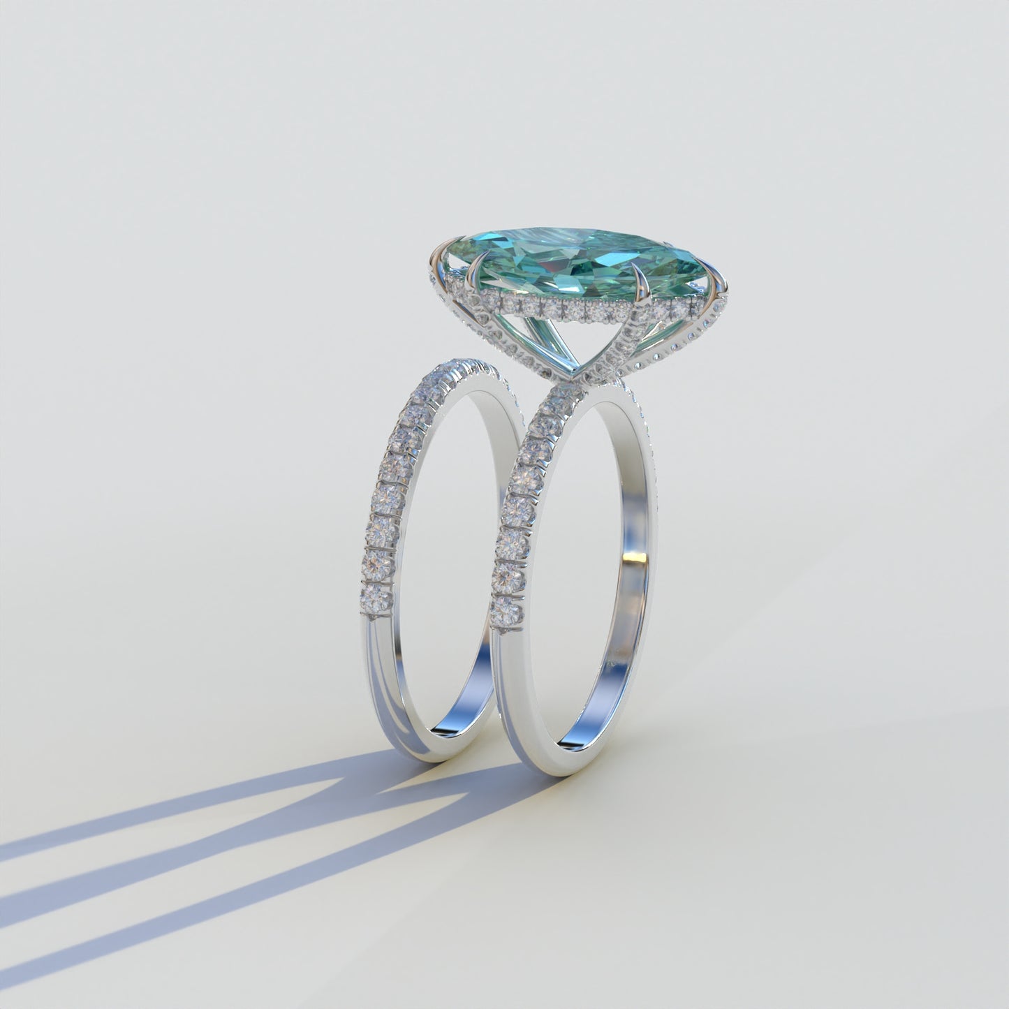 2 Carat Green Marquise Cut Hidden Halo & Pave Diamond Ring Set - Lucent