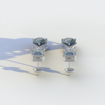 Canary - Blue Color Pear & Emerald Diamond Drop Earrings | Fancy Halo Setting | Certified