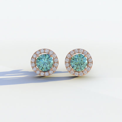 Ciera - Green Color Round Diamond Stud Earrings | Halo Setting | Certified