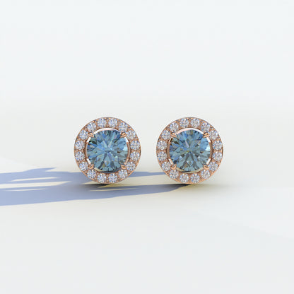 Ciera - Stunning Blue Color Round Diamond Stud Earrings | Halo Setting | Certified