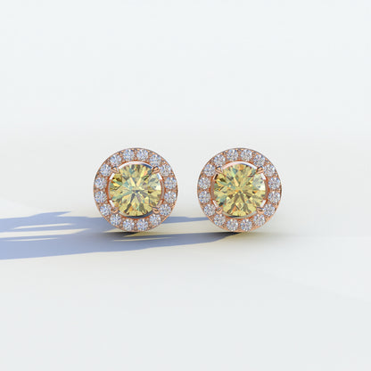 Ciera - Stunning Yellow Color Round Diamond Stud Earrings | Halo Setting | Certified