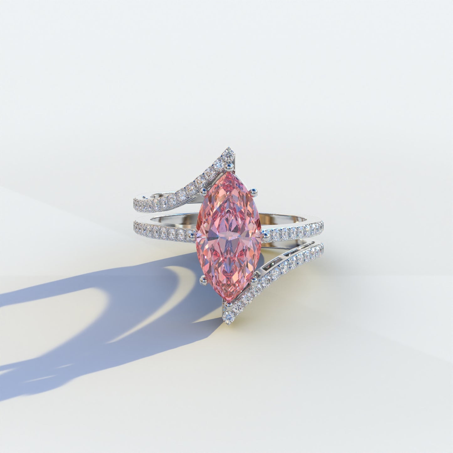 2 carat pink marquise cut lab-grown diamond, pink double pave ring, lab-grown diamond engagement ring, ethical pink diamond ring, marquise cut engagement ring