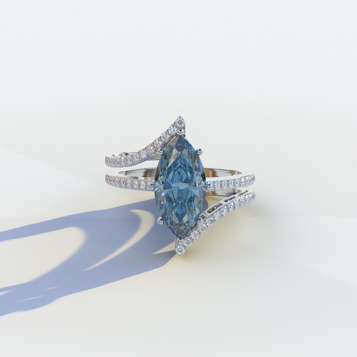 2 carat blue marquise cut lab-grown diamond, blue double pave ring, lab-grown diamond engagement ring, ethical blue diamond ring, marquise cut engagement ring