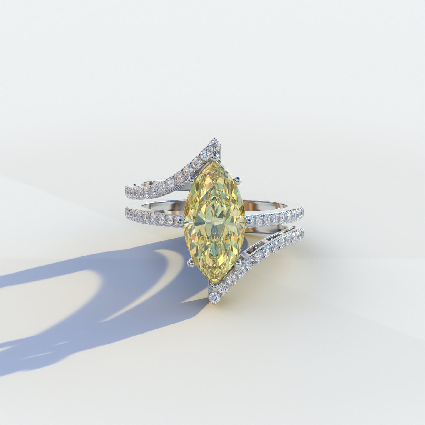 2 carat yellow marquise cut lab-grown diamond, yellow double pave ring, lab-grown diamond engagement ring, ethical yellow diamond ring, marquise cut engagement ring