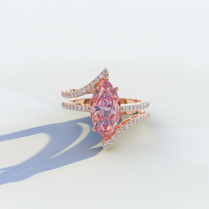 2 Carat Marquise Cut Pink Lab Diamond Ring with Double Pave Setting - Verveux