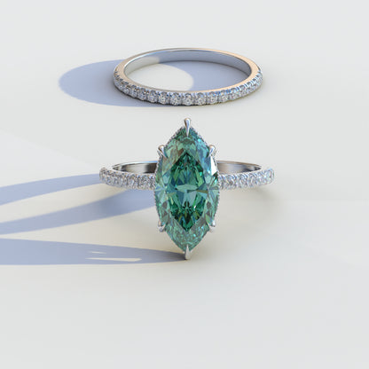 2 Carat Green Marquise Cut Hidden Halo & Pave Diamond Ring Set	