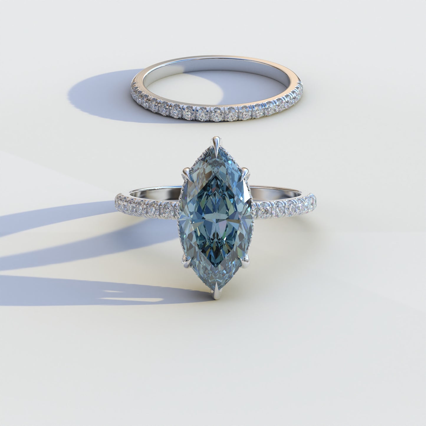 2 Carat Blue Marquise Cut Hidden Halo & Pave Diamond Ring Set	