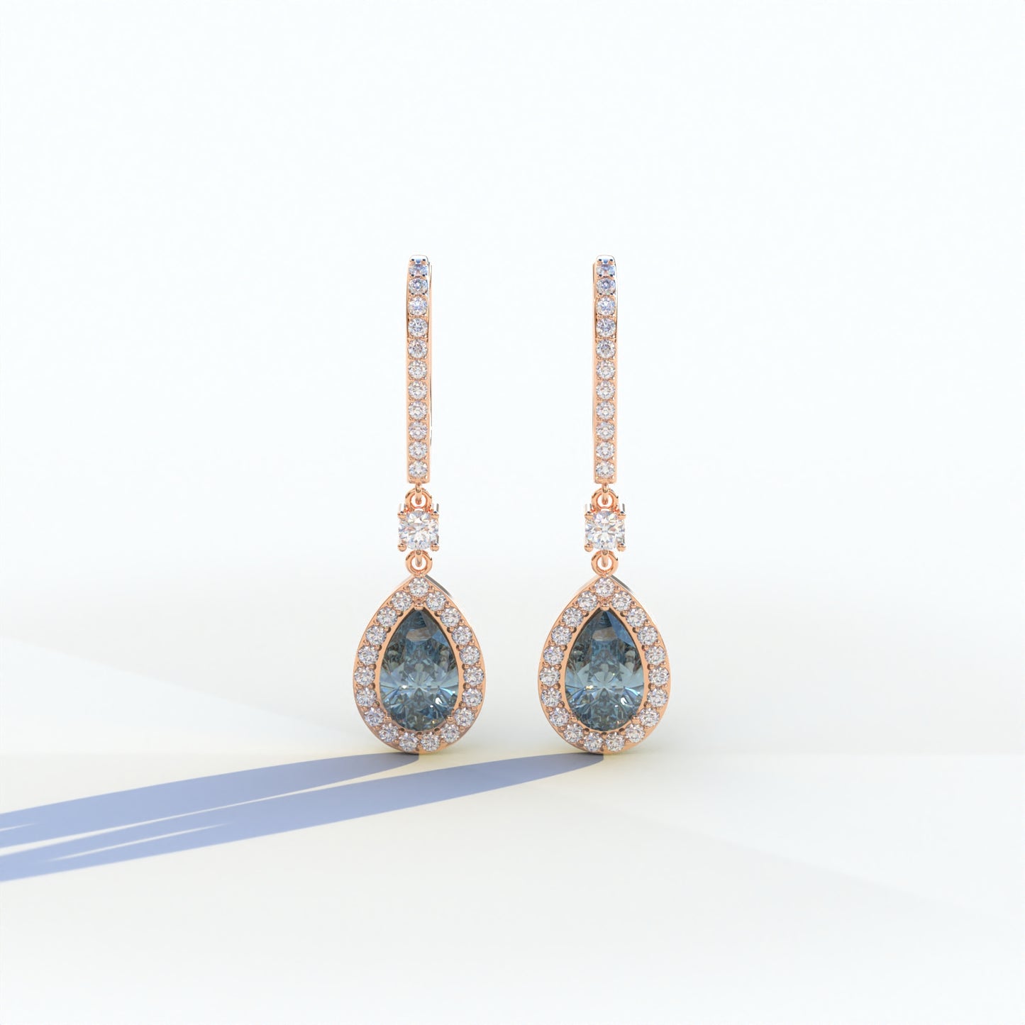 Cleopatra - Pear Cut Blue Color Diamond Stud Earrings | Halo & Pave Setting | Certified