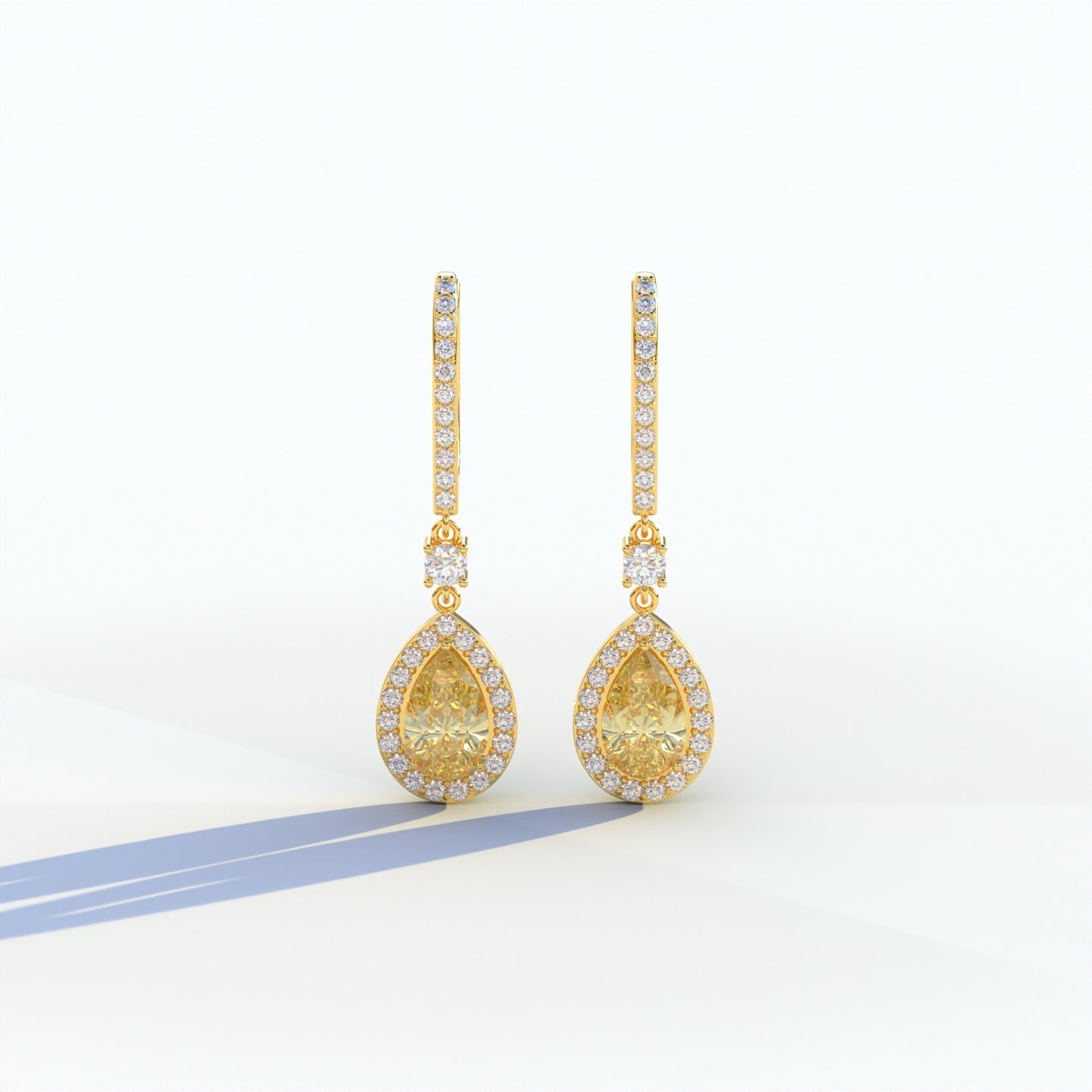 Cleopatra - Pear Cut Yellow Color Diamond Stud Earrings | Halo & Pave Setting | Certified