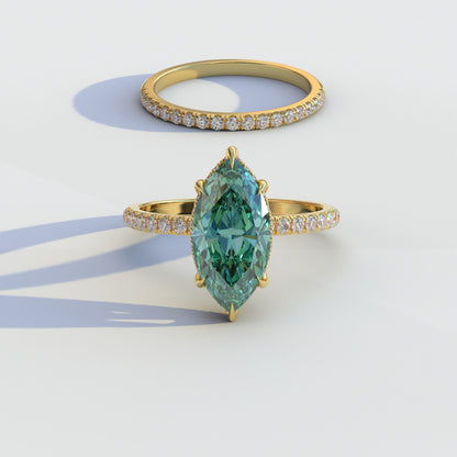 2 Carat Green Marquise Cut Hidden Halo & Pave Diamond Ring Set - Lucent