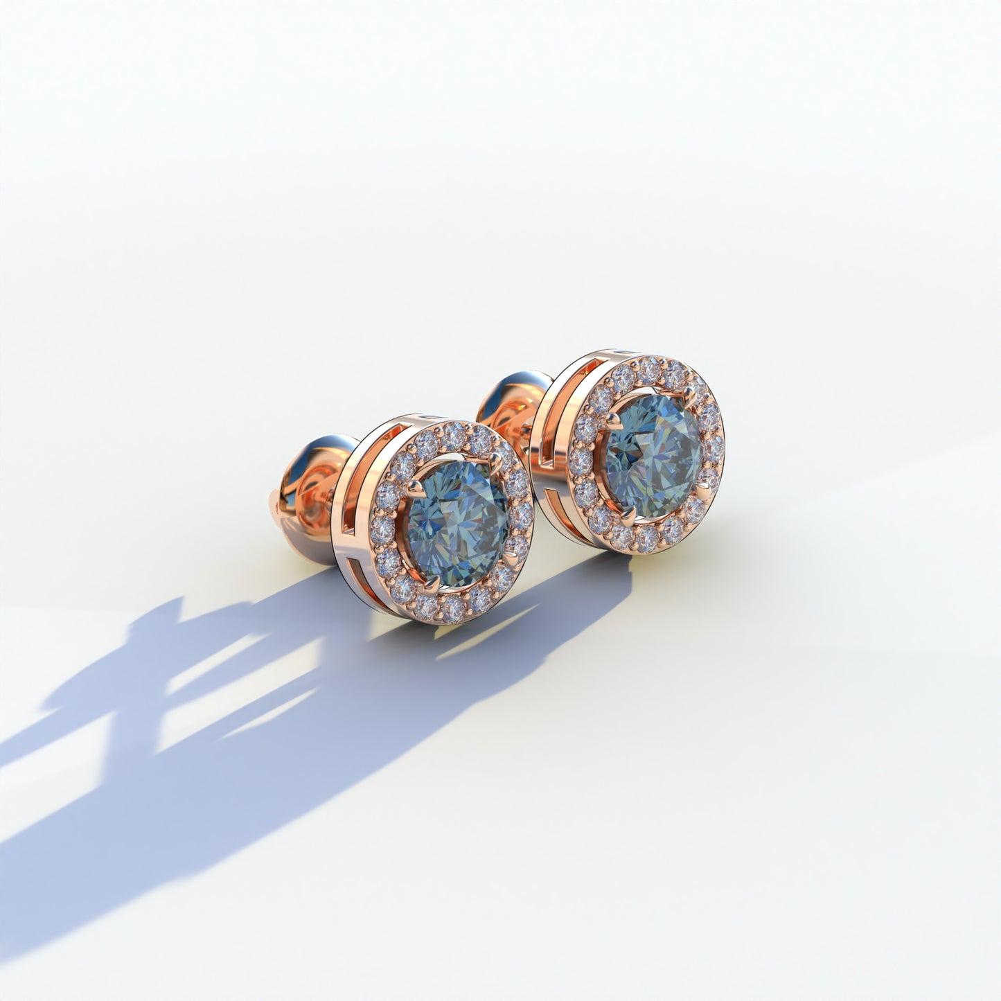 Ciera - Stunning Blue Color Round Diamond Stud Earrings | Halo Setting | Certified