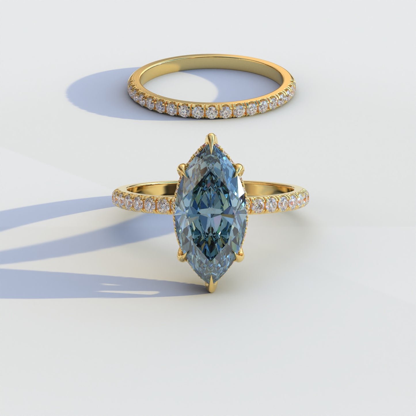 2 Carat Blue Marquise Cut Hidden Halo & Pave Diamond Ring Set - Lucent