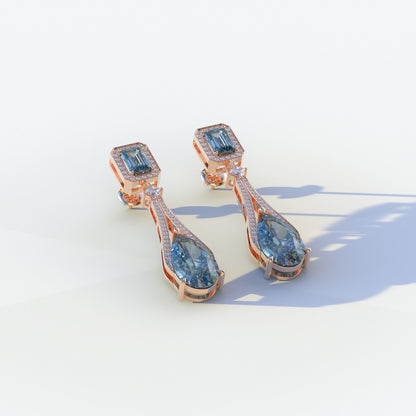 Canary - Blue Color Pear & Emerald Diamond Drop Earrings | Fancy Halo Setting | Certified