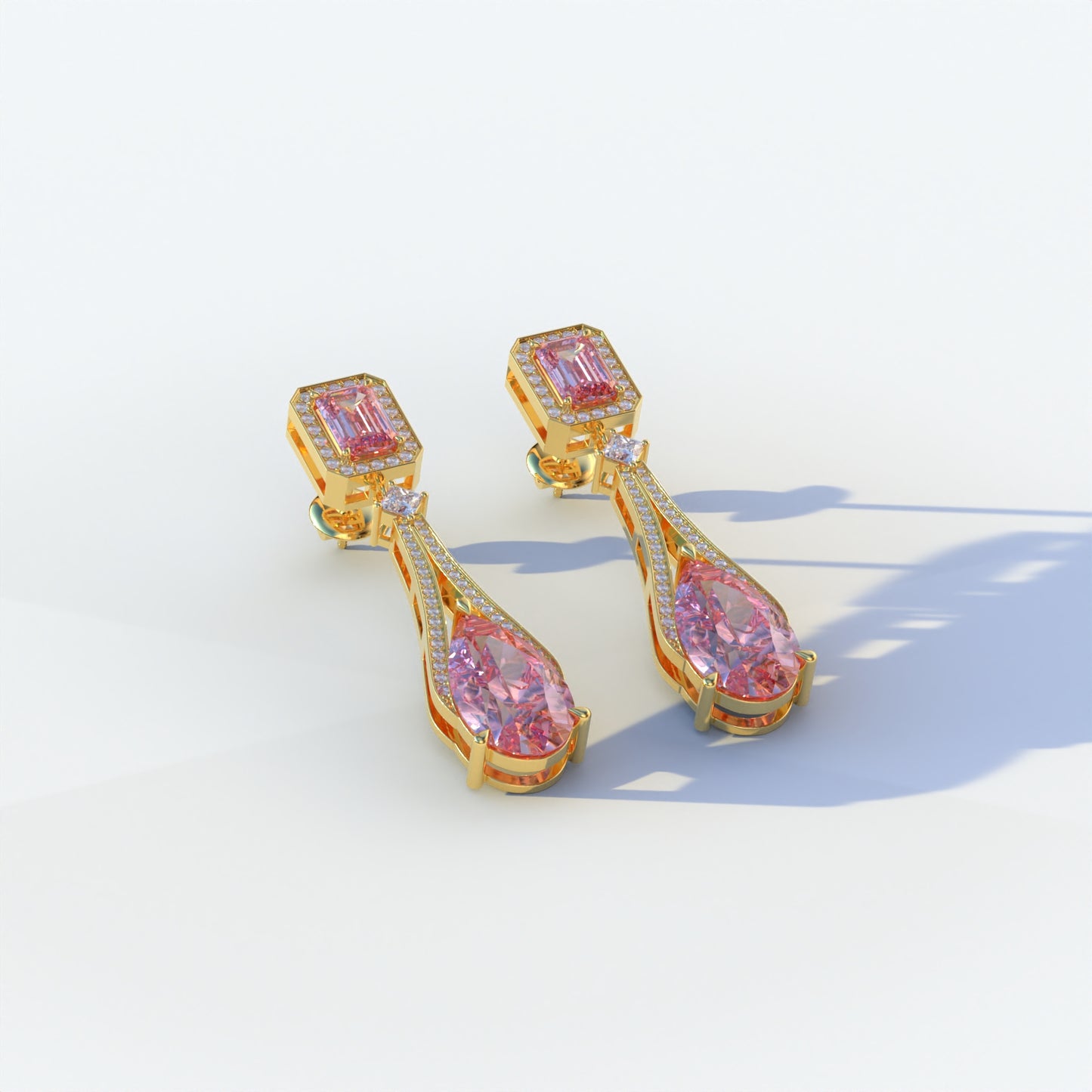 Canary - Pink Color Pear & Emerald Diamond Drop Earrings | Fancy Halo Setting | Certified