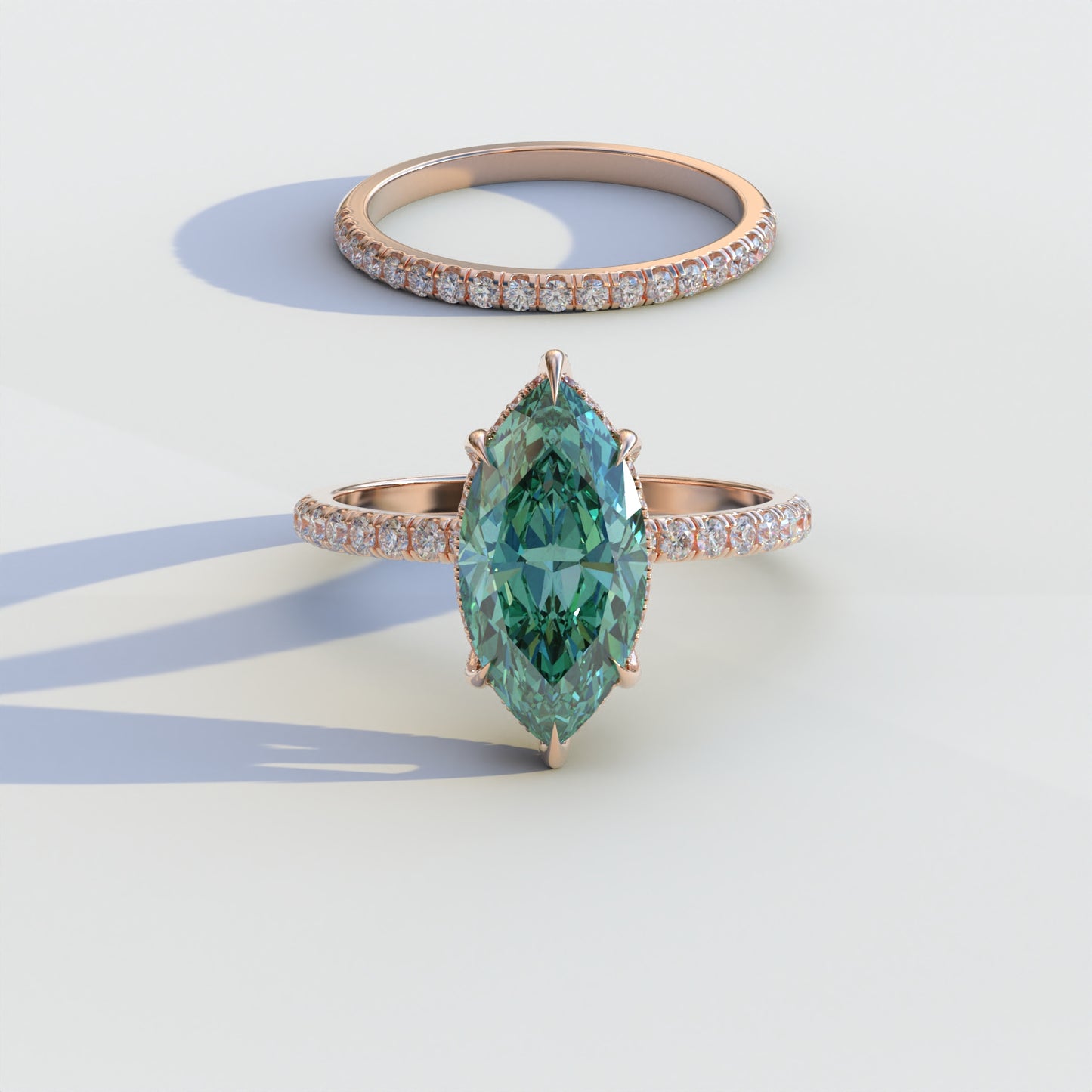 2 Carat Green Marquise Cut Hidden Halo & Pave Diamond Ring Set - Lucent